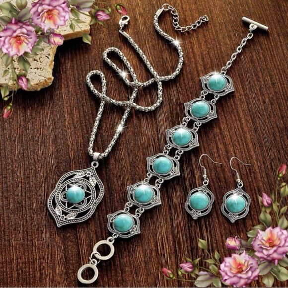 Bohemian Style Faux Turquoise set - Earrings, Bracelet And Necklace Jewelry set - Picture 1 of 11